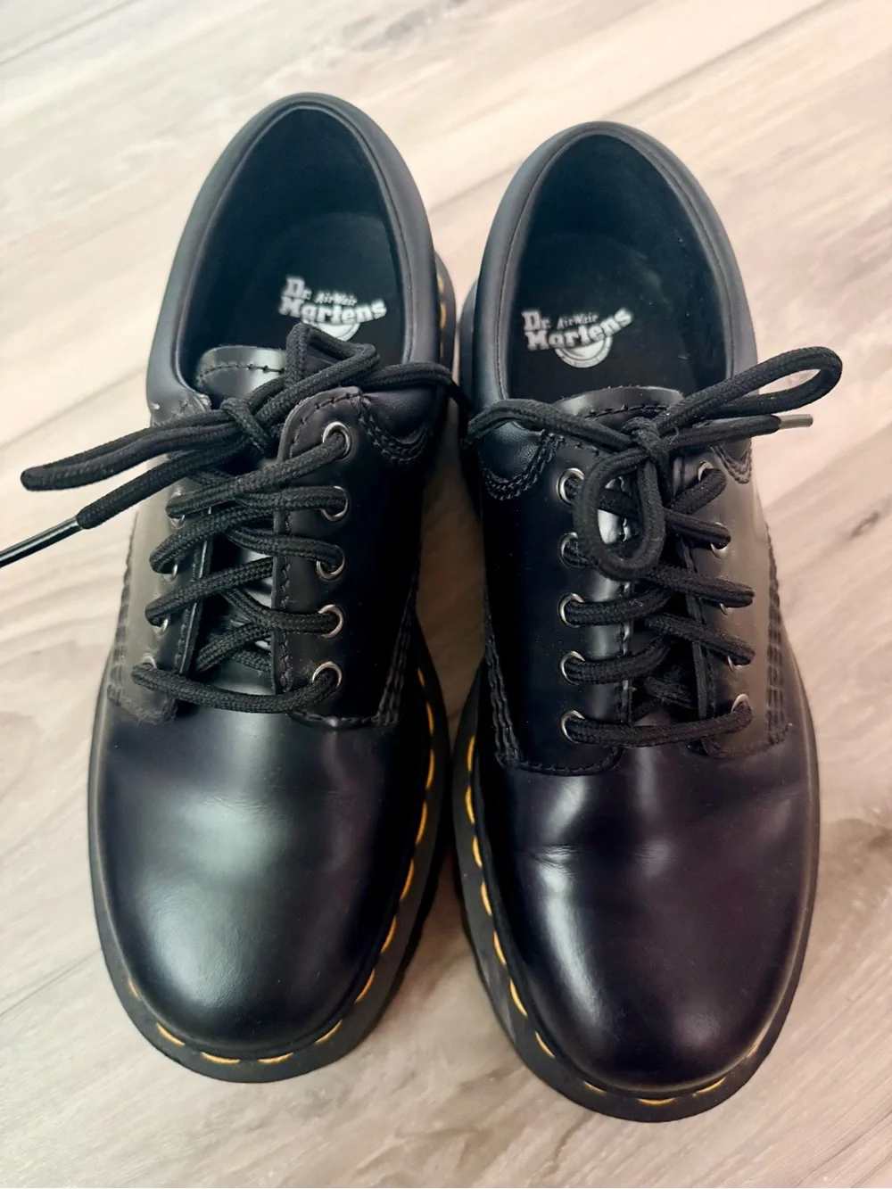 1461 Dr. Martens Platform Black Leather Oxfords with Yellow Stitching